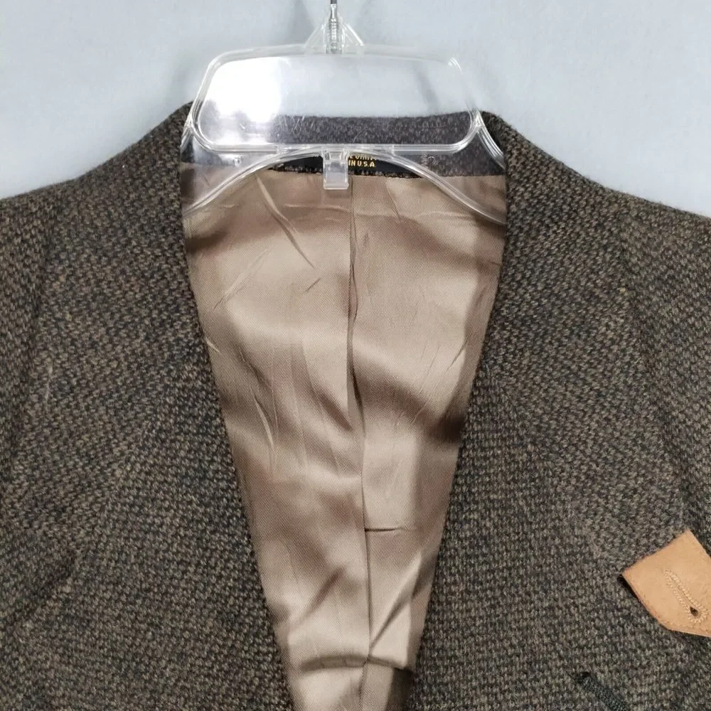 Mens Wool Tweed Jacket Suede Elbow Patch 2 Button Blazer 43L Vintage Evan-Picone